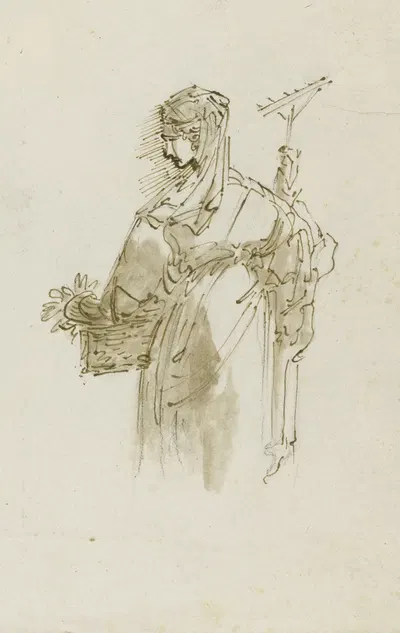 Study figure for a Peasant woman holding a basket and rake by Джузеппе Бернардино Бизон — digital art print download