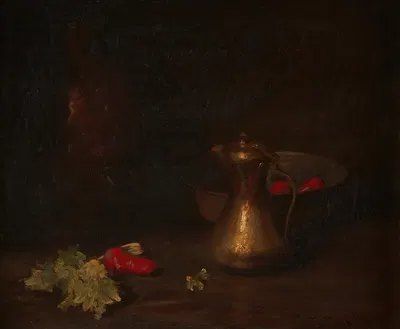Still Life with Brass Jug, Metal Bowl, Lettuce and Red Peppers by Уильям Мерритт Чейз — digital art print download