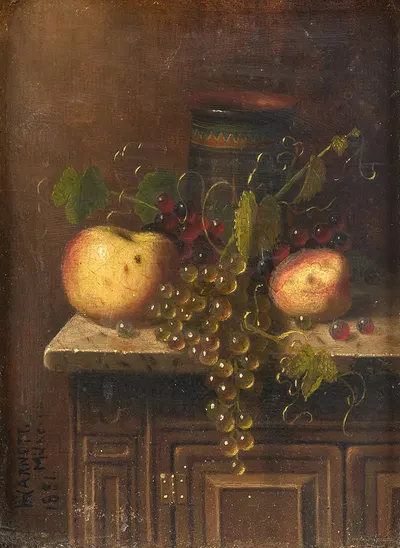 Still Life with Egyptian Vase, Apples and Grapes on a Marble Top Console by William Michael Harnett, 1881 — digital art…