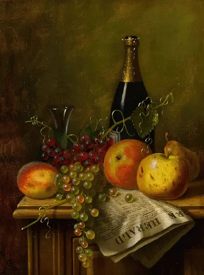 Still Life with Fruit, Champagne Bottle and Newspaper by William Michael Harnett, 1881 — digital art print download