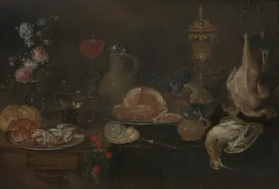 Still life with flowers, ham, game, shellfish and fruit by Alexander Adriaenssen, 1647 — digital art print download