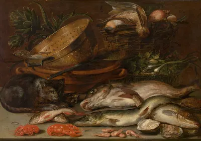 Fish, Crustacea, Poultry, Vegetables and a Cat by Alexander Adriaenssen — digital art print download