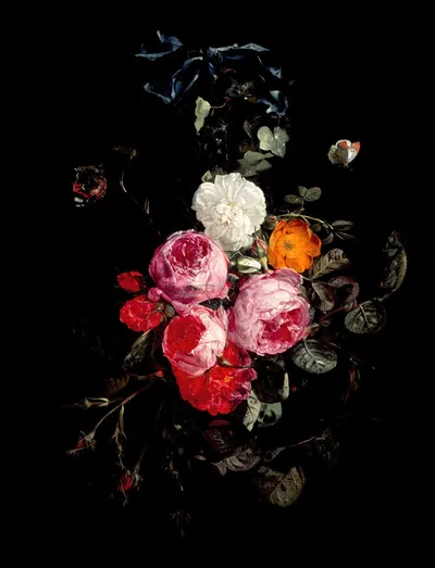 A Festoon of Roses hanging from a Blue Ribbon, with Butterflies and Insects by Carstian Luyckx — digital art print download