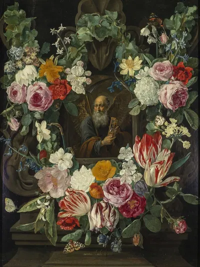 Allegory of Time in the wreath of flowers by Carstian Luyckx, 1650 — digital art print download
