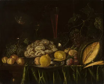 Still life with – fruit, mussels and a bird by Cornelis de Bryer, 1654 — digital art print download