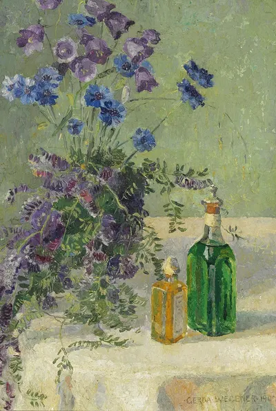 Still life with blue flowers and two bottles on a table by Герда Вегенер, 1907 — digital art print download