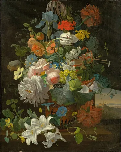 Floral still life with a view of Castel Gandolfo by Готлоб Михаэль Вентцель, 1832 — digital art print download