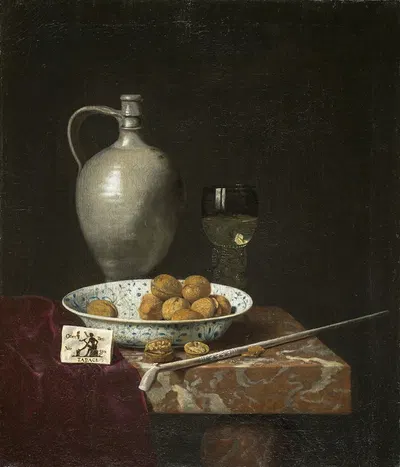 Still Life with a Pipe, Nuts, a Pitcher and a Tobacco Pouch by Хуберт ван Равестейн — digital art print download