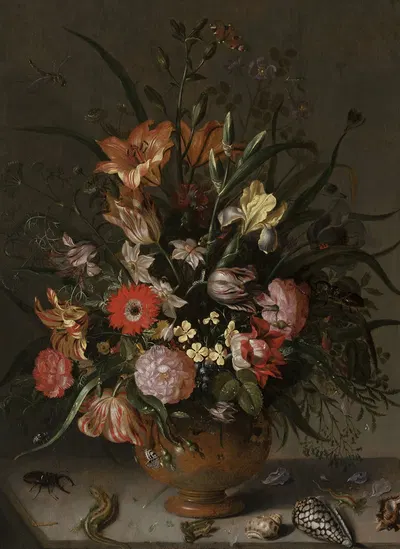 Bouquet of flowers in a vase, insects and tiny creatures by Якоб Маррел, 1634 — digital art print download