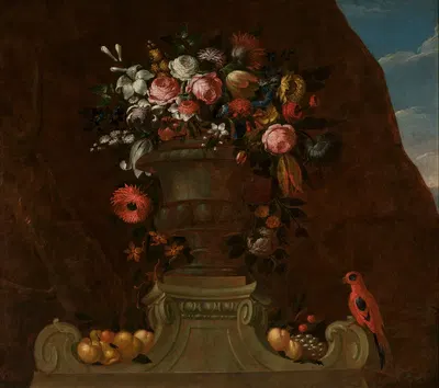 Still life with a parrot by Jakob Bogdány — digital art print download