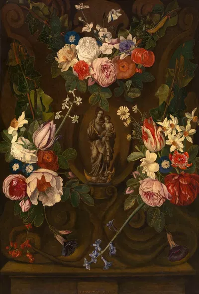 Madonna surrounded by a Garland of Flowers by Jan Philips van Thielen, 1667 — digital art print download