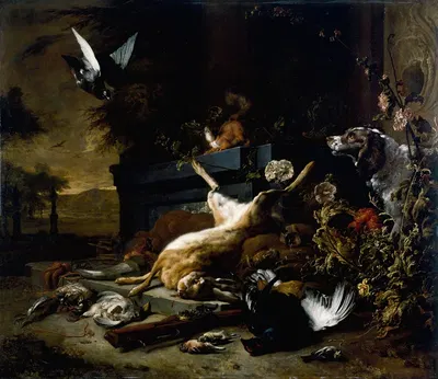 Still Life of Game including a Hare, Black Grouse and Partridge, a Spaniel looking on with a Pigeon in Flight by Ян Вейникс…