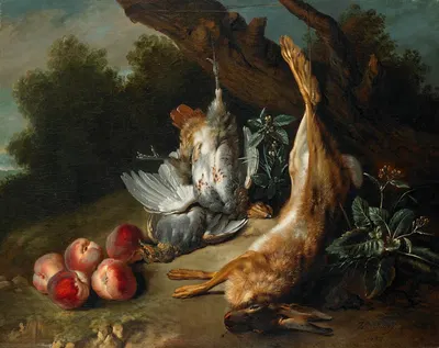 Still Life with Dead Game and Peaches in a Landscape by Jean-Baptiste Oudry, 1727 — digital art print download