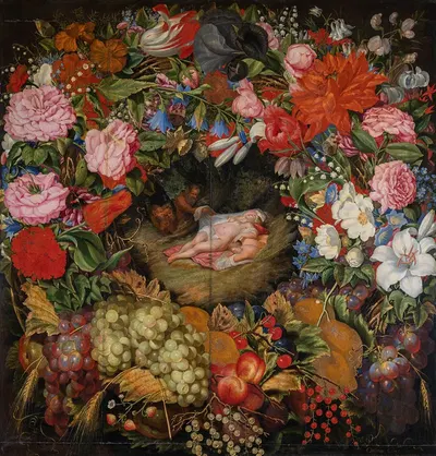 Wreath of Flowers and Fruit with Centre-Piece after Rubens by Ottmar Elliger, 1656 — digital art print download