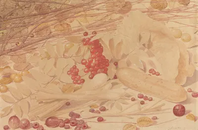 Still Life with Gooseberries, Raspberries, Red Currants, Spring Onions, a Gherkin and Foliage by Ричард Дадд, 1874 —…