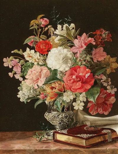 A Bouquet of Flowers with Camellias in a Silver Vase by Rosalia Amon, 1844 — digital art print download