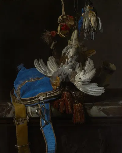 Hunt Still Life with a Velvet Bag on a Marble Ledge by Willem van Aelst — digital art print download