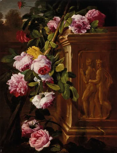 Roses in a garden with a sculpted plinth by Абрахам Брейгель — digital art print download