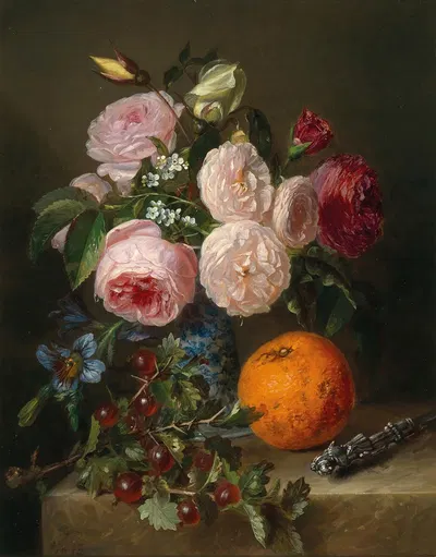 Still Life with Flowers, Oranges, Roses and Gooseberries by Adriana Johanna Haanen, 1852 — digital art print download