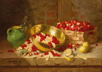 Nature morte aux cerises Napoléon, groseilles et citrons sur un entablement by Артур-Алфред Брунель де Нёвиль — digital art…