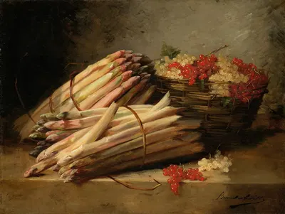 Nature morte aux asperges et groseilles sur un entablement de pierre by Артур-Алфред Брунель де Нёвиль — digital art print…