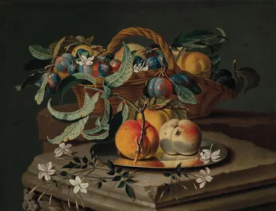 Peaches and plums in a basket and on a pewter plate, with flowers on a stone plinth by Christian Berentz — digital art…