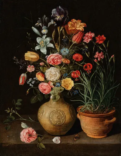 Roses, lilies, an iris and other flowers in an earthenware vase, with a pot of carnations and a butterfly on a ledge by…