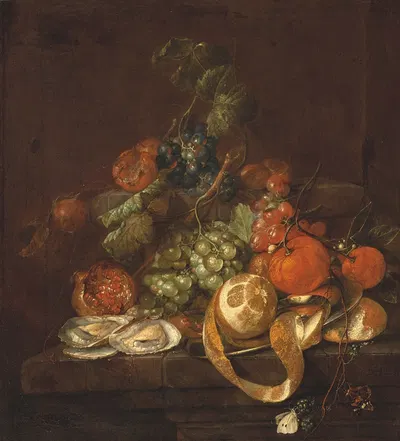 Nature morte aux citrons, huitres, raisins et papillons sur un entablement by Cornelis de Heem — digital art print download