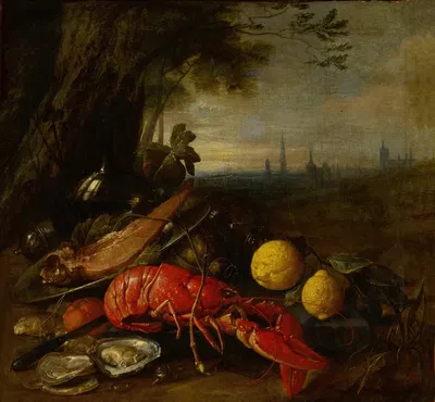 Still life of a lobster, oysters and lemons beneath a tree, with a view of Brussels beyond by Cornelis de Heem — digital…