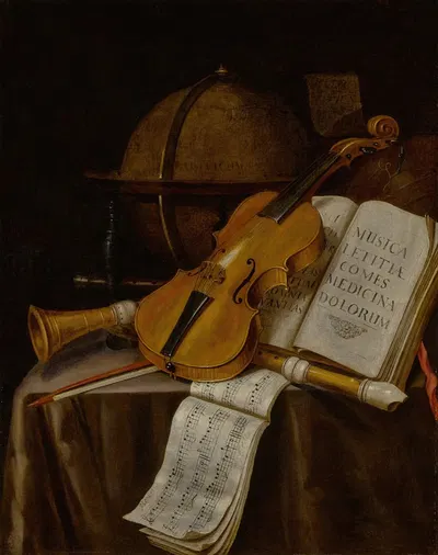 Vanitas still life with a violin, recorders, music manuscripts, and a globe by Эдвард Коллиер — digital art print download