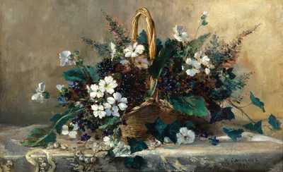 A Wicker Basket with Black Hellebore and Violets by Южен Анри Кошуа, 1878 — digital art print download