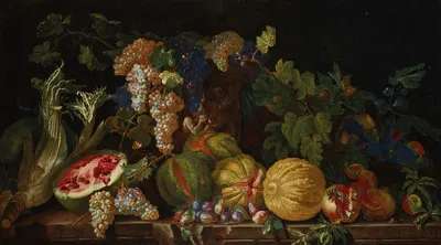 Nature morte aux melons, grenades, raisins, pastèque et autres fruits et légumes sur un entablement by Filippo Lauri —…