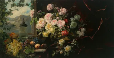 A Rich Bouquet of Flowers in a Brass Pot and Grapes before a Red Curtain by Franz Xaver Birkinger — digital art print…