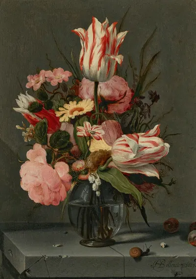 Flowers in a glass vase on a ledge by Hans Bollongier, 1627 — digital art print download