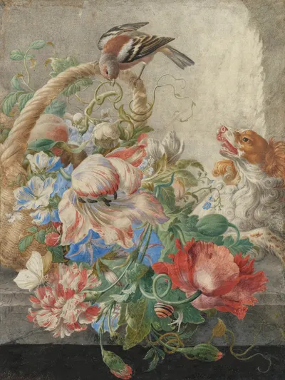 A basket with flowers in a stone niche, with a barking dog and a bird by Herman Henstenburgh — digital art print download