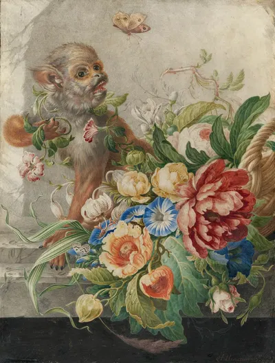A basket with flowers in a stone niche, with a monkey and a butterfly by Herman Henstenburgh — digital art print download