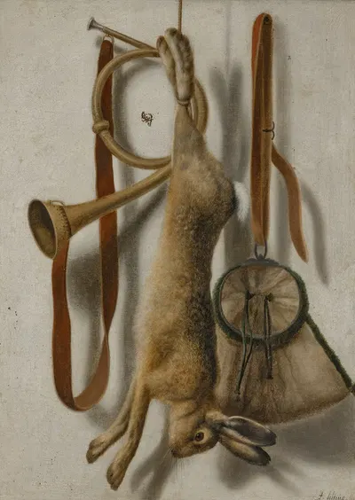 Trompe l'œil of a hare, hunting horn and hunting satchel by Jacob Biltius, 1664 — digital art print download