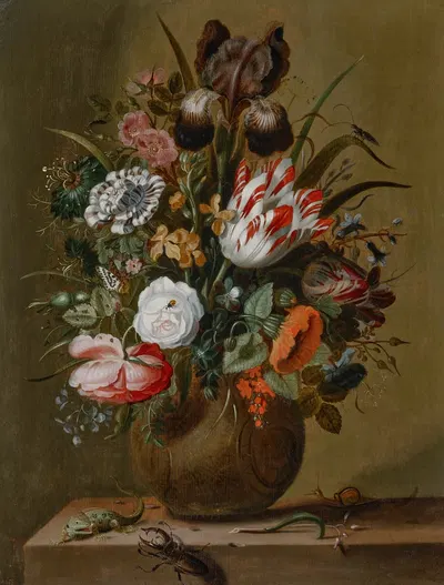 Roses, tulips, an iris and other flowers in a stoneware vase on a ledge with a lizard, stag beetle and snail by Якоб…