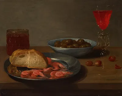 A plate with prawns and a roll, a bowl with olives, a façon de Venise, a glass of beer and almonds on a table by Jacob…