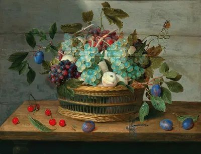 Grapes, peaches, plums and cherries in a wicker basket with dragonfly and butterfly nearby by Jacob van Hulsdonck — digital…