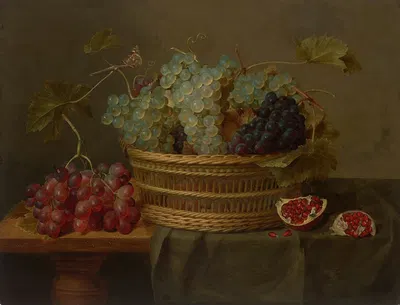 A basket of grapes and a pomegranate on a table by Jacob van Hulsdonck — digital art print download