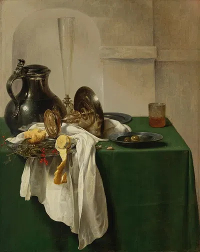 Pewter jug and silver tazza on a table by Ян Янсз. ден Уйл, 1633 — digital art print download