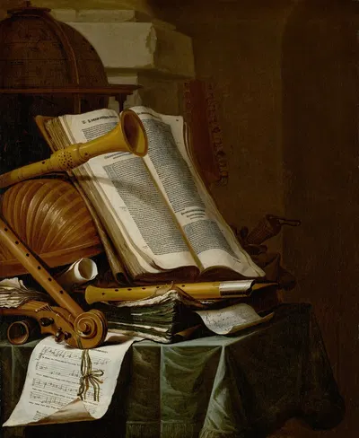 Books, a globe and musical instruments on a draped table by Jan Vermeulen — digital art print download