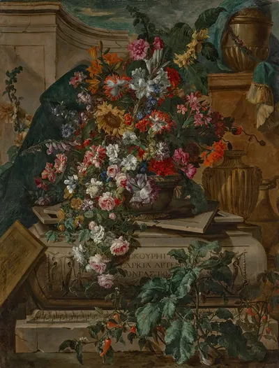 Flowers in an urn on a sarcophagus by Jean-Baptiste Monnoyer — digital art print download
