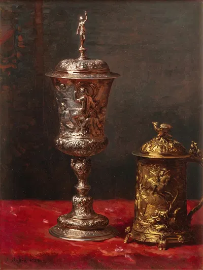 Still-life with tankard and covered cup by Jean-Baptiste Robie, 1884 — digital art print download