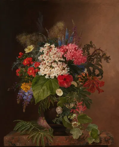 Convulvulus, lupins, speedwell and fuschia in a vase by Johan Laurentz Jensen, 1833 — digital art print download