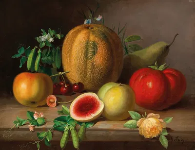 A Kitchen Still Life with Melon, Tomato, Apples, Pears and Flowering Pea Pods, by Johann Georg Seitz — digital art print…