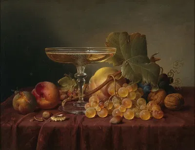 Still Life with Champagne Glass and Fruit on a Damask Cloth by Johann Wilhelm Preyer — digital art print download