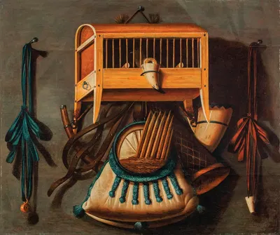 A trompe l'oeil still life with a bird in a cage, a bird whistle, hunting horns and other hunting implements hanging on a…