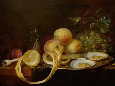 Tabletop still life, including two oysters on a pewter dish, a wine glass, a partially-peeled lemon, and an assortment of…